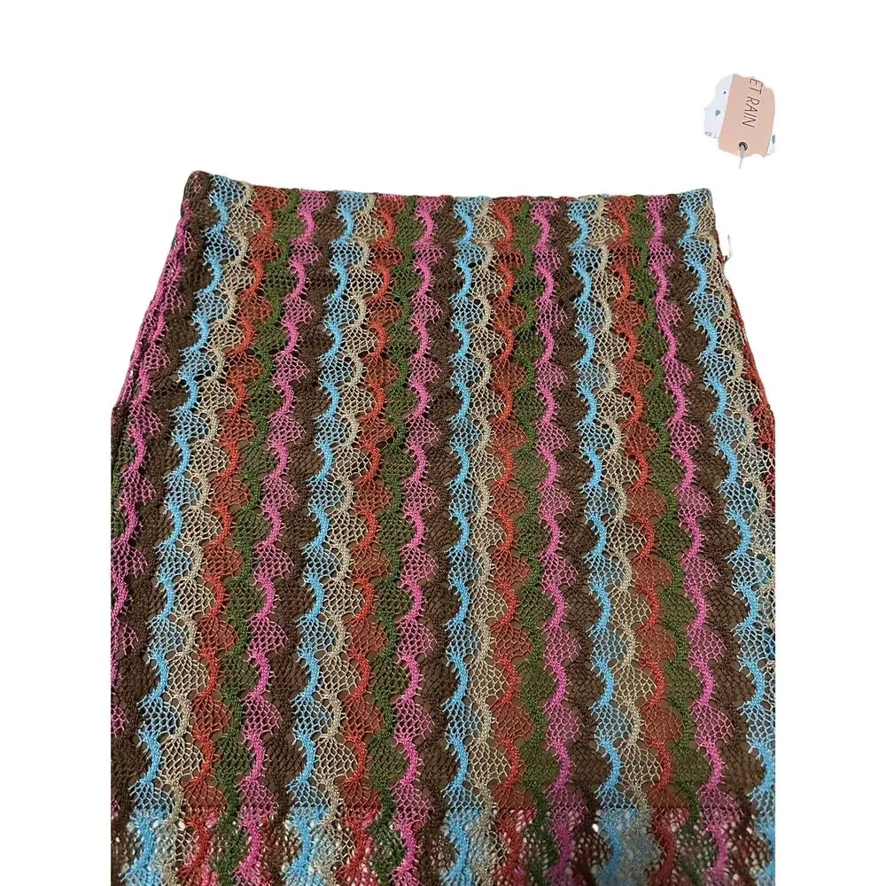 NWT Sweet Rain Multicolor Crochet Knit Maxi Skirt Lined Slit Boho Festival Med